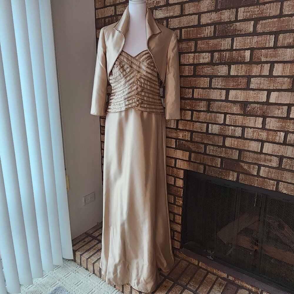 Cache Long Formal Gold Satin Dress Wide Straps Beaded Bodice Bolero Jacket Sz 10